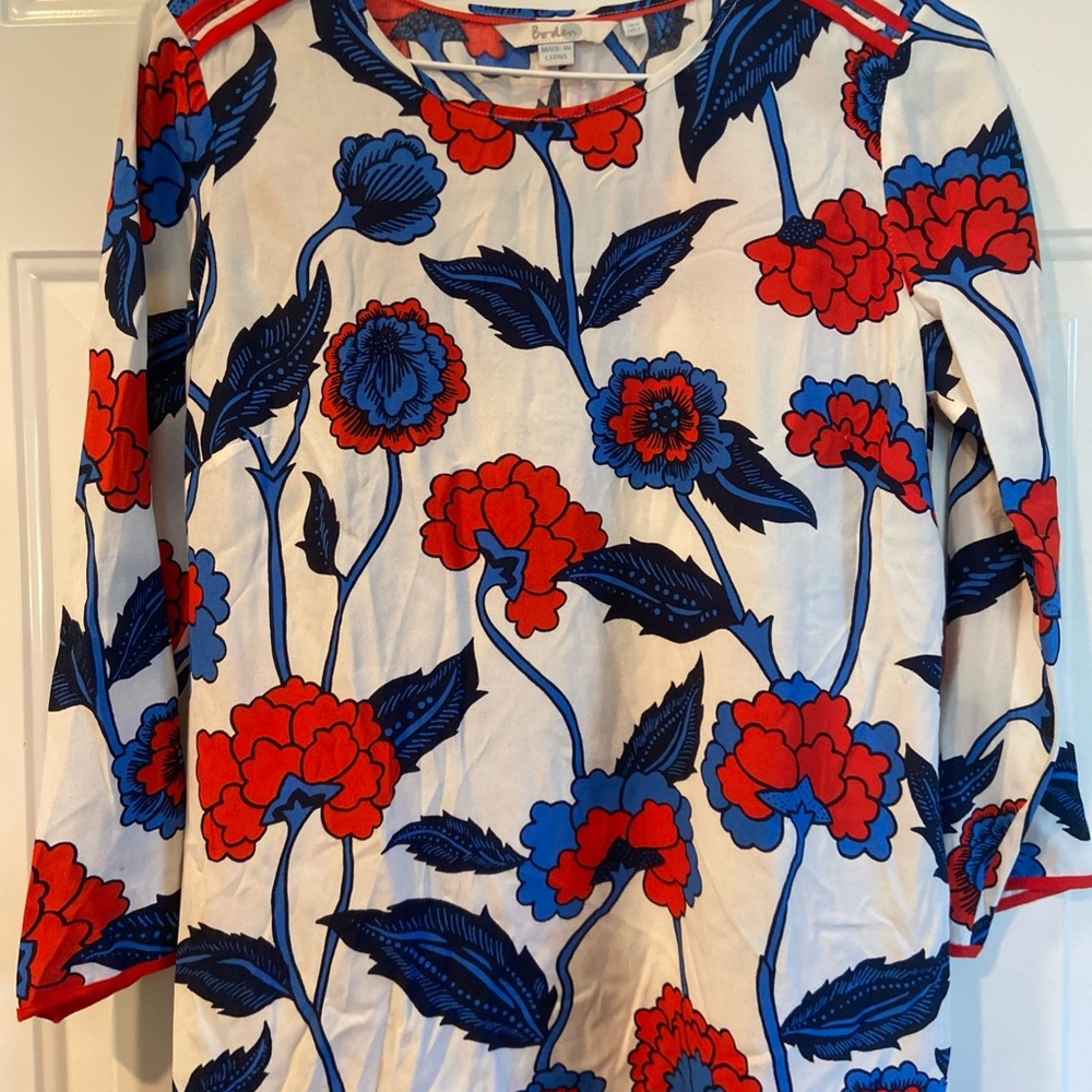 Boden Red Blue Floral Americana Cottagecore Blouse US 2